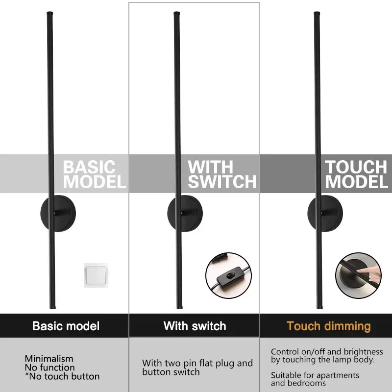 สวิตช์สัมผัสในร่มไฟติดผนัง LED หรี่แสงได้สำหรับห้องนอนข้างเตียงโคมไฟติดผนัง LED สีดำแบบนอร์ดิกสำหรับทางเดินในบ้าน
