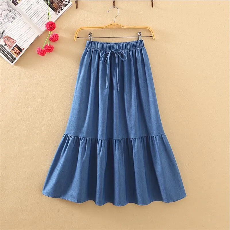 spodnice ماكسي بوهو الكشكشة الدنيم التنانير faldas ميدي موهير مودا عادية جان التنانير المرقعة حجم كبير التنانير Vestidos #3