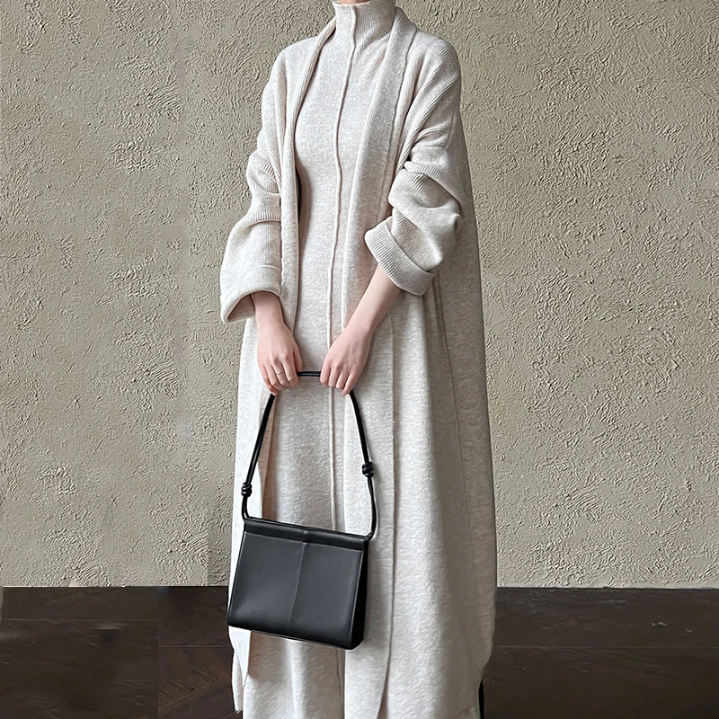 

Spring Knit Cardigan Dress Two-piece Set Women Long Jacket Coat+Turtleneck Sleeveless Mid Dresses Autumn Winter Knitted Outfit