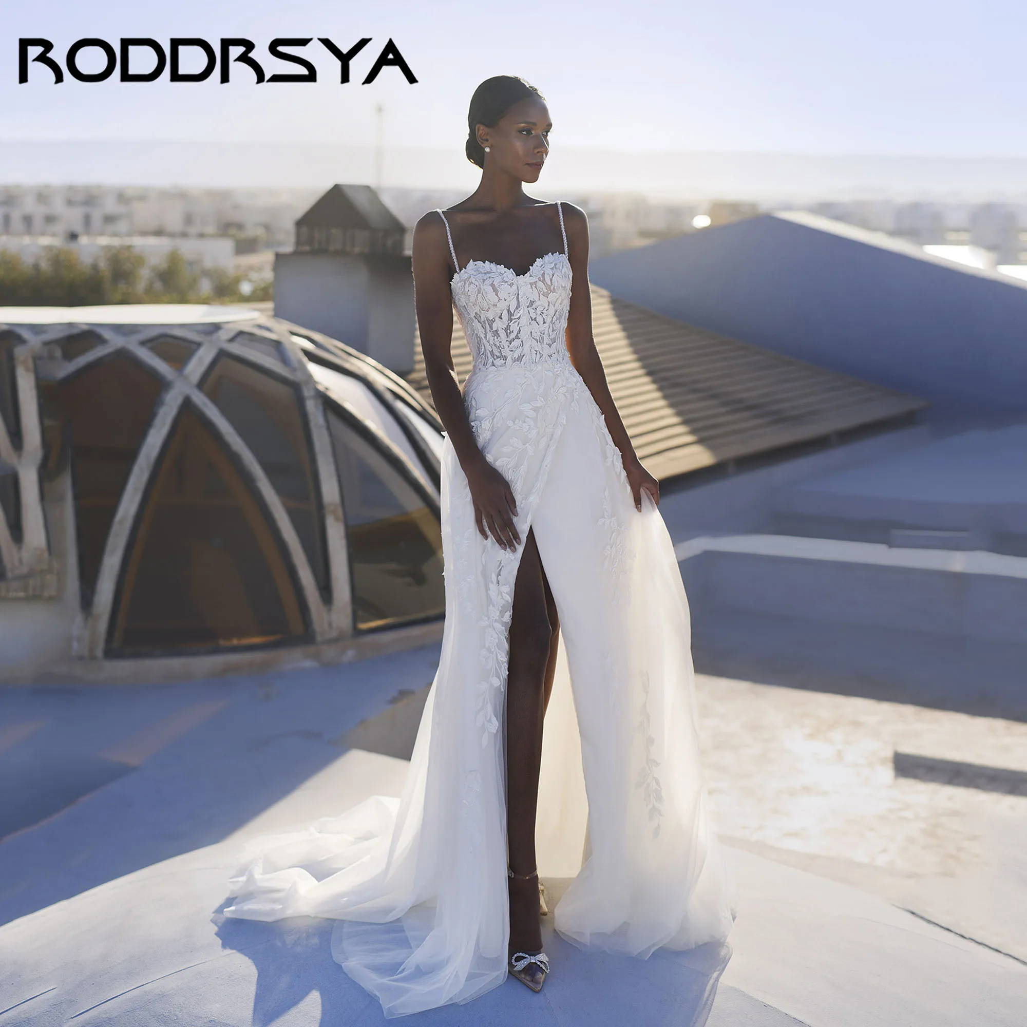 

RODDRSYA Sweetheart Applique Bride Dress A-line Side Slit Spaghetti Strap Wedding Gown Luxury Tulle vestido femininos Customized