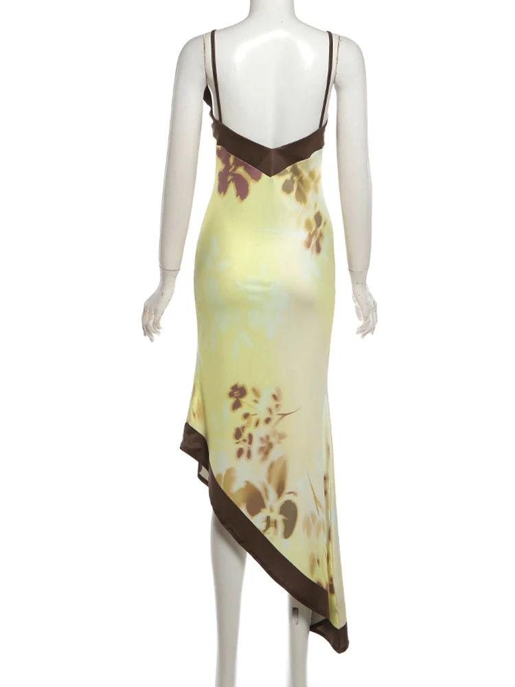 Nibber Sling-Kleid mit unregelmäßigem Saum und Pflaumenblüten-Print für Damen, Sommertrend, schräger Kragen, rückenfrei, Streetwear, eleganter Stil, lang, figurbetont – Detail 5