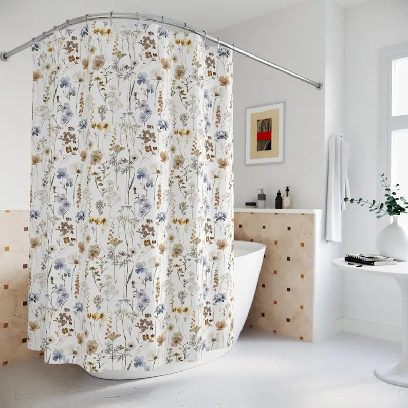 

Boho Wildflower Shower Curtain - Brown & Blue Floral Bath Decor | Fabric, Botanical Design, Cottagecore Style, Includes 12 Hooks