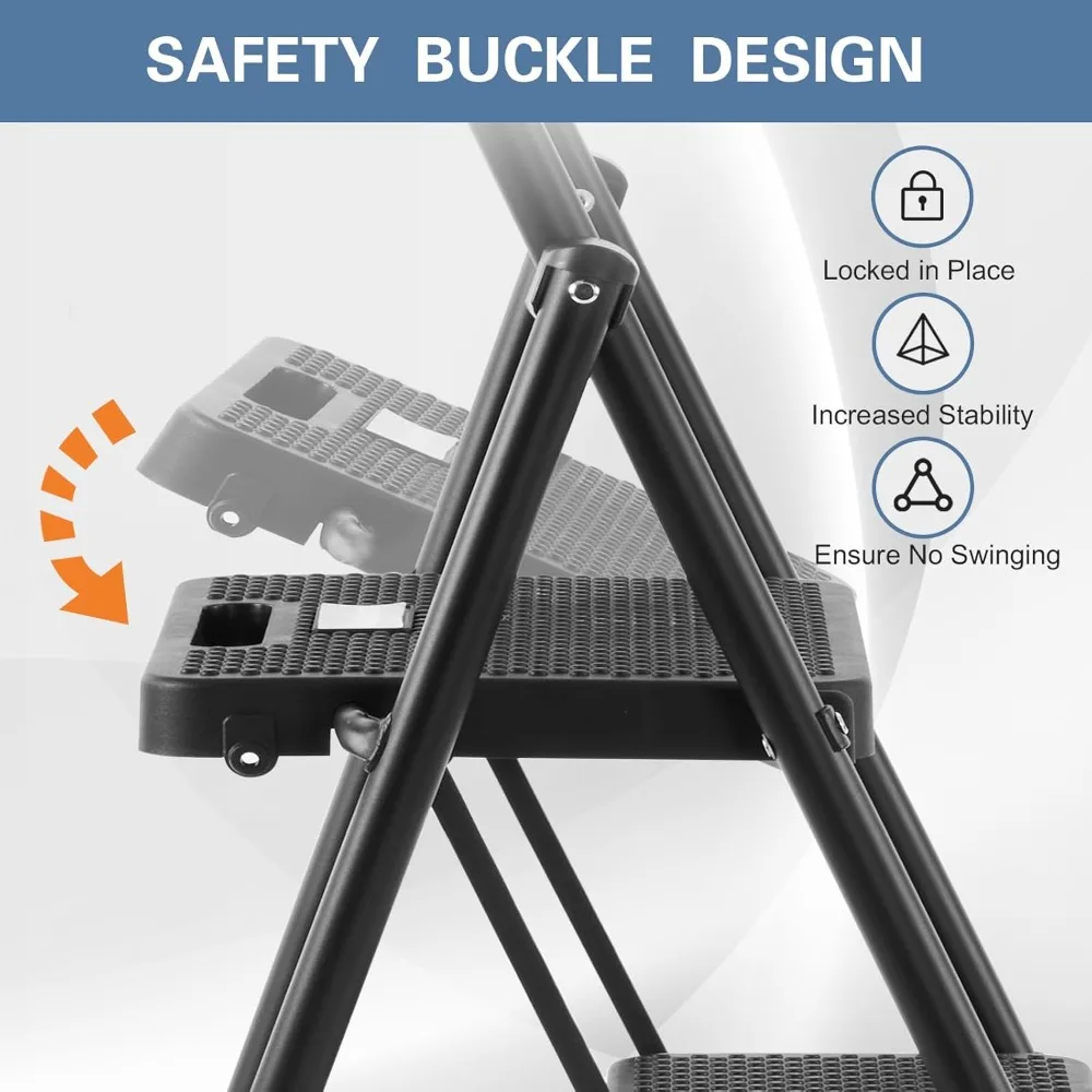 Échelle de tabouret pliable à 3 marches, limite de poids de 300 lb, échelle pliante à 3 marches pour cuisine, avec large pédale antidérapante, robuste