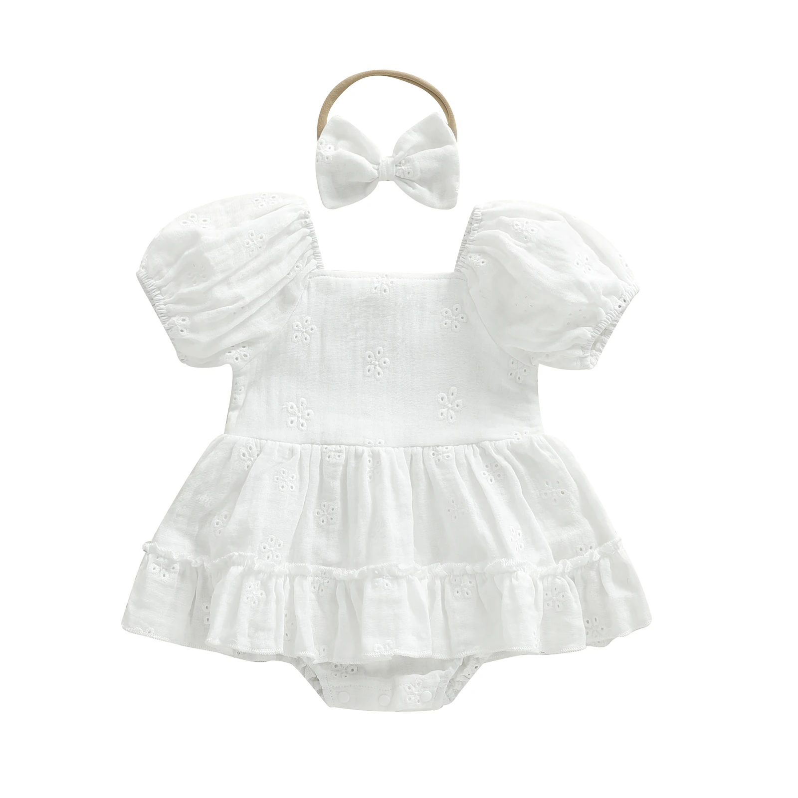 

Baby Girl Summer Outfits Flower Embroidered Eyelet Ruffled Hem Short Sleeve Romper Dress and Bow Headband 2 Pcs Set