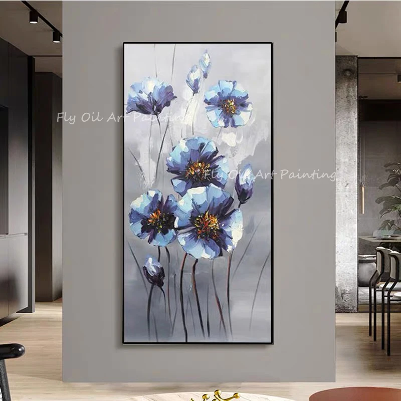 

100% Handmade large size white and blue flower thick landscape oil painting for office living room decoration