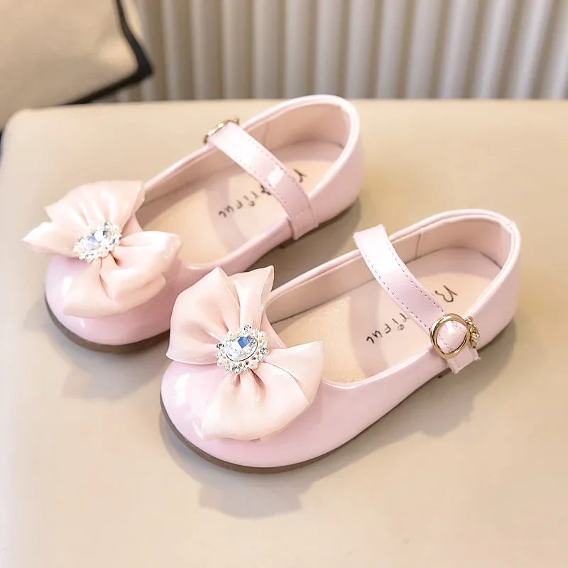 Girls Mary Jane Shoes Satin Bow Rhinestone Princess Flats Toddler Soft Sole Wedding Birthday Party Dress Shoes for Little Girls