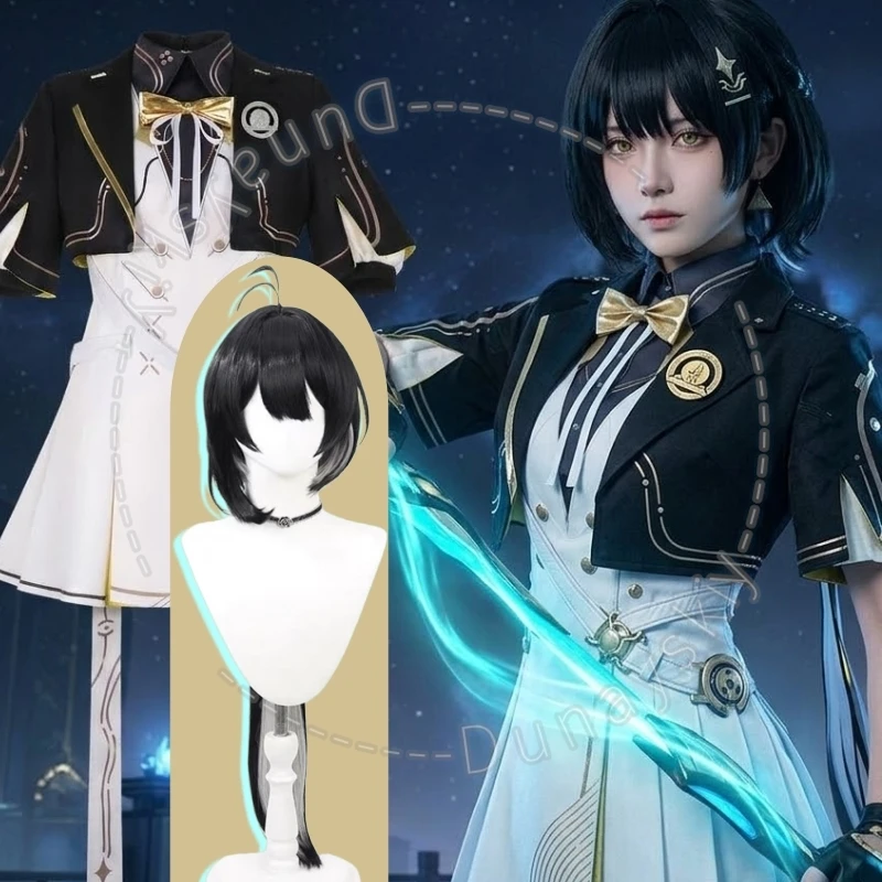 

Wuthering Waves Female Rover New Skin Cosplay Wig Costume Sparkle Of Evernight Black White Academic Dress With Gold Trim FullSet