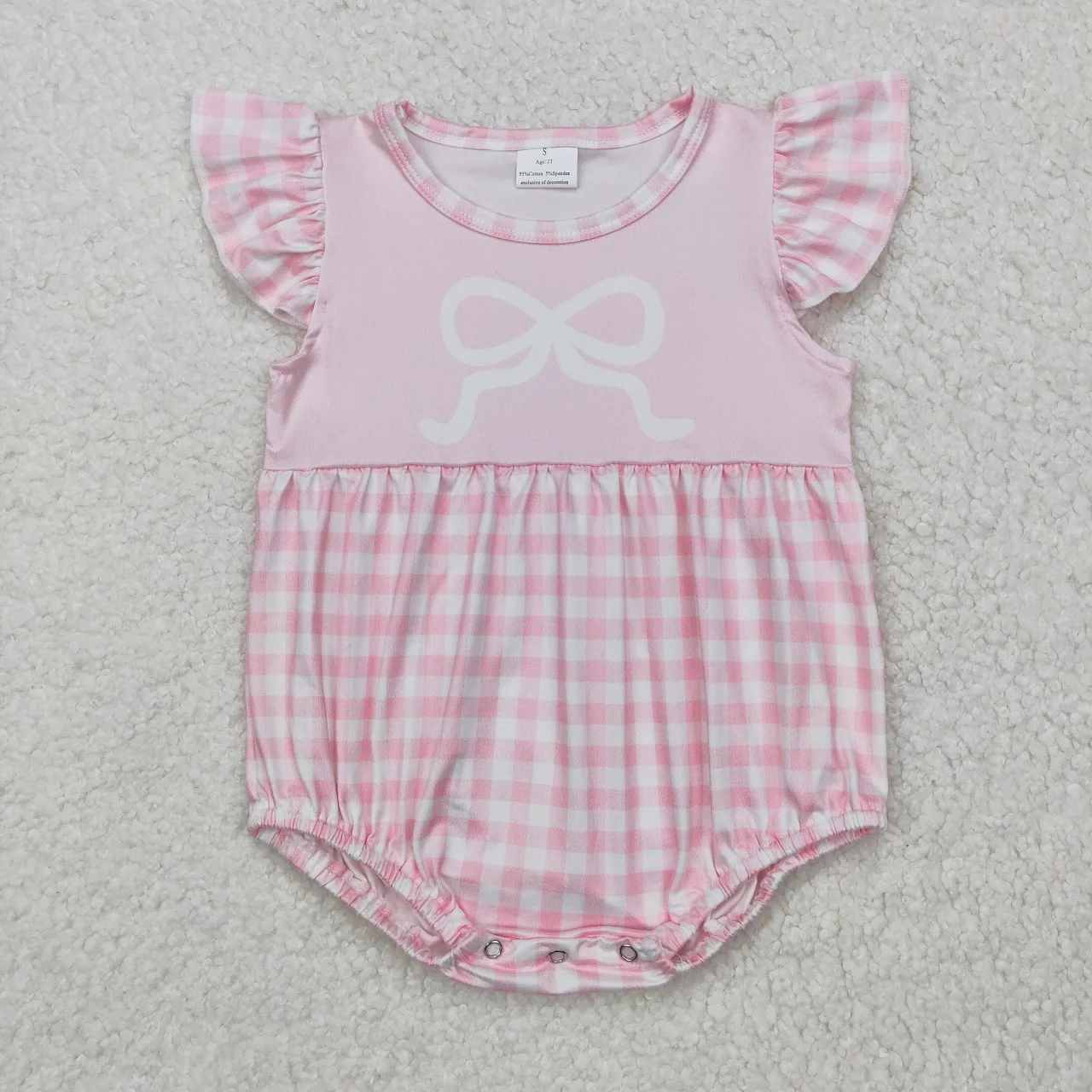 Wholesale Children Short Sleeves Bow Romper Baby Girl Kids Pink Checked Bodysuit Toddler Newborn Bubble Jumpsuit Summer Clothing