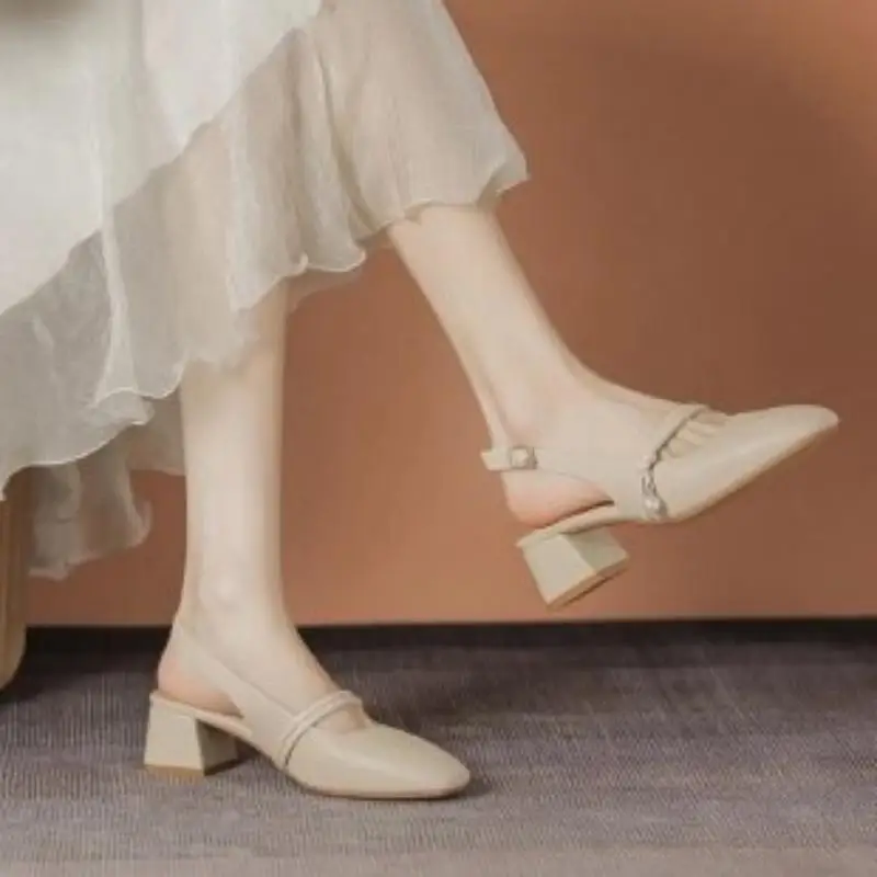 2026 Summer New Women Sandals, French Style Pearl Strap Closed Toe Block Mid Heel Fairy Style Daily Casual Shoes view 6