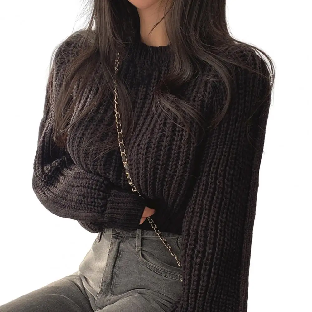 Elegant Autumn Winter Sweater Women Knitting Tops Round Neck Puff Loose Fit Casual Top Ribbed Trim Pullover Sweater