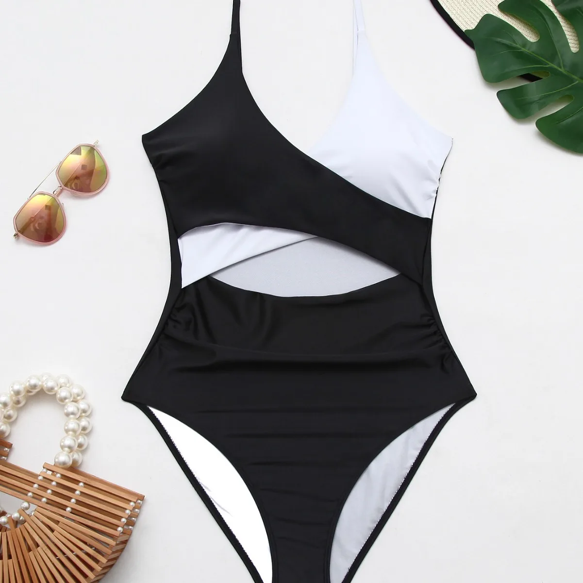 

Sexy Cross Ba Hollow out Color Blo Piece Swimsuit Women's Sportswear Polyester Fixed Chest Pad No Sve Swimwear