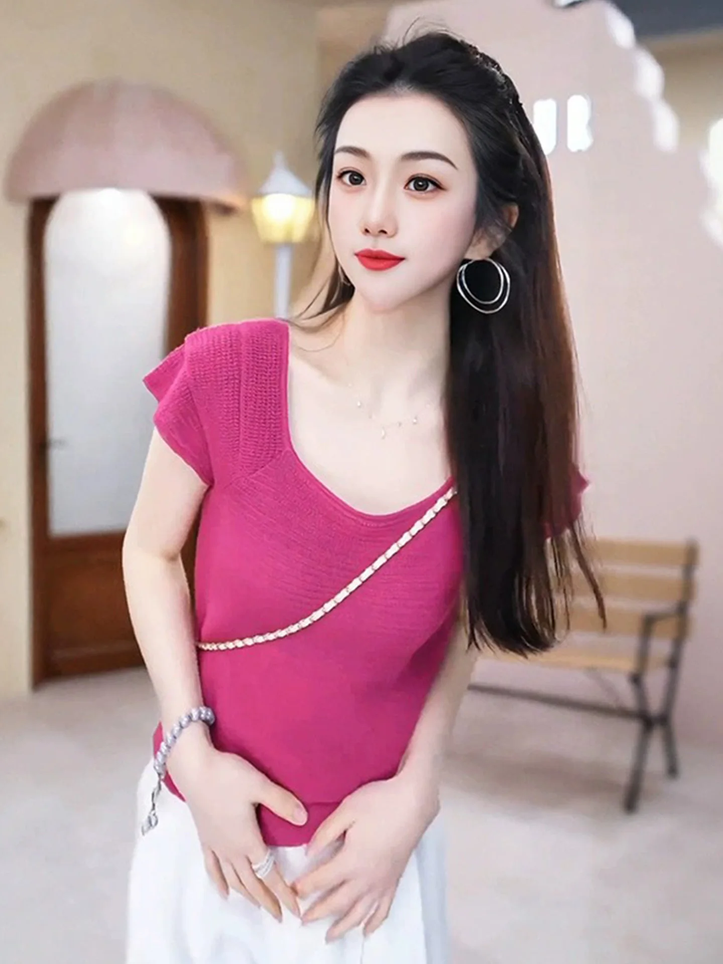 

Вязаный топ Sweet And Ele из ледяного шелка, корейский Sle, модный, лето 2023, женский сладкий колокольчик из смеси шелка Faion