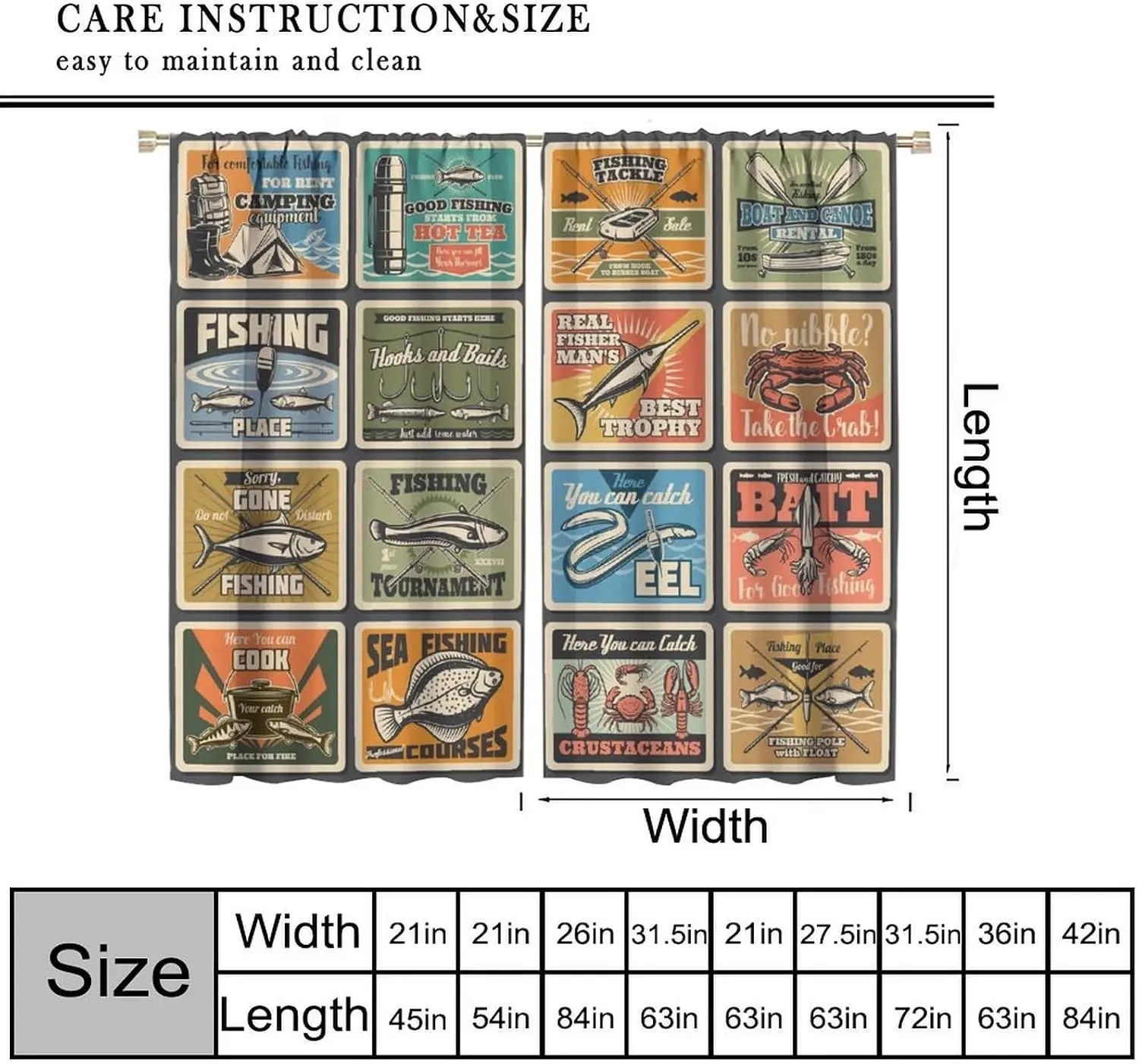 Vintage Fishing Poster Curtain Grid Retro Fish Crab Tackle Camping Gear Sign Print Light Filter Drape For Cabin Bedroom Homestay