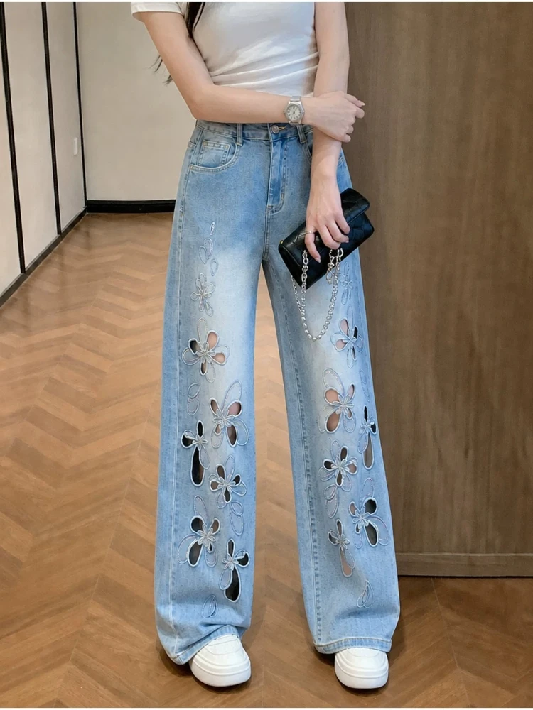 Trousers Cutout Denim Vintage Straight Womens Summer 2026 Thin High Waist Loose Slim Embroidered Rhinestone Extra Long Pants