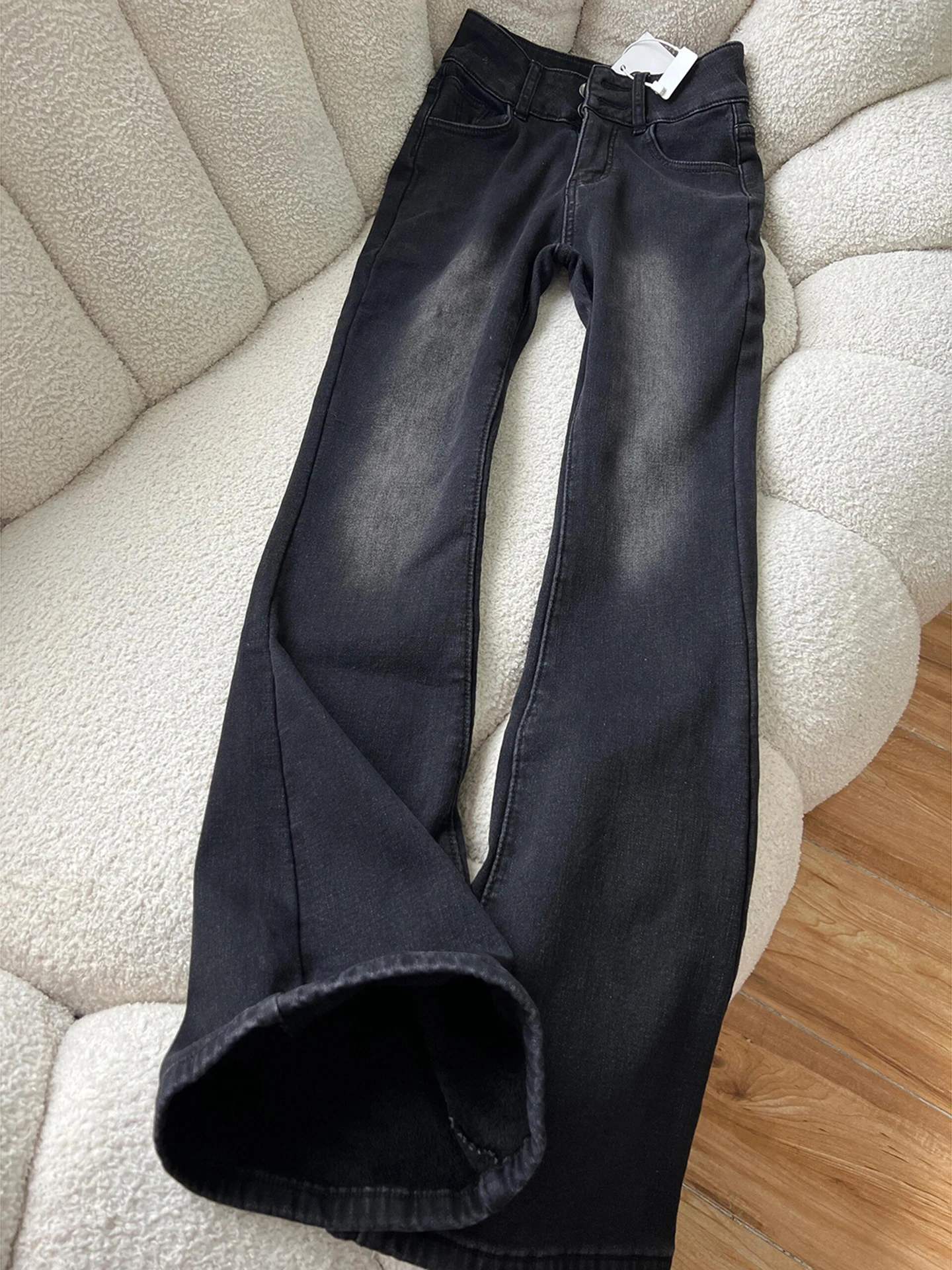 

Waed adual Bla Fce Lined Thi Straight Leg Jeans Men's Autumn Winter American High Street Sle Knife Cuffed P...
