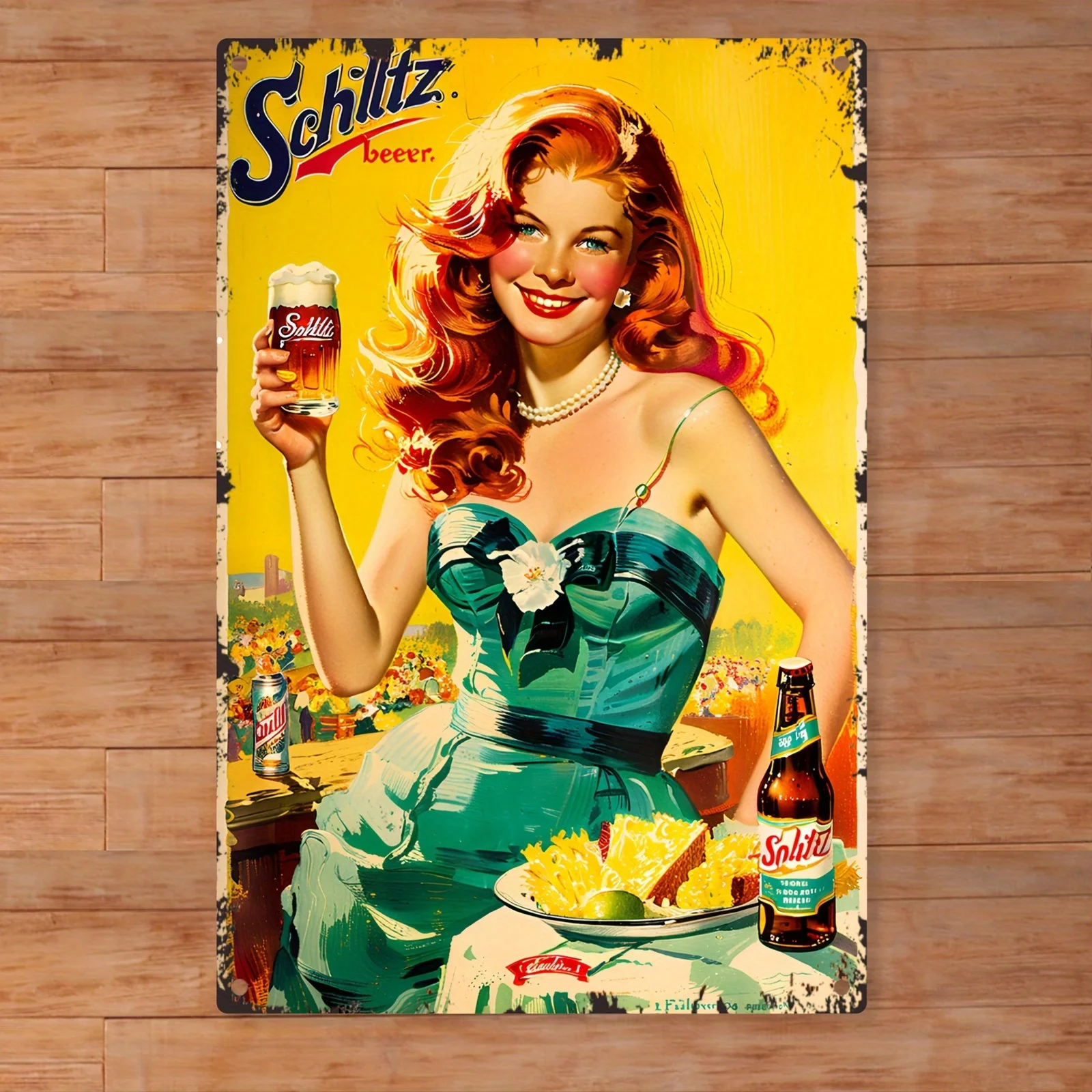Schlitz Beer Metal Tin Sign - Retro Vintage Beer Poster with Redhead Pin-Up Girl, Mid-Century Americana Bar Decor