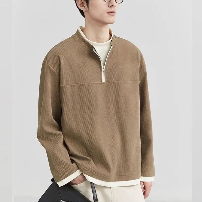 

Casual Half Open Collar T-shirts Men's Clothing Fake Two Pieces Spring Autumn Solid Color Spliced Stylish Zipper Basic Pullovers