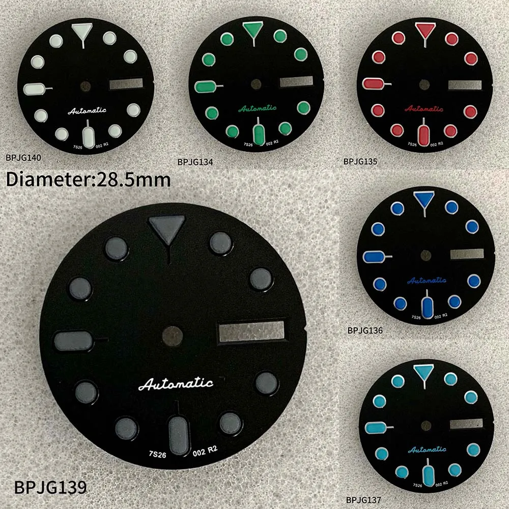 28.5mm dial dual calendar literal green luminous dial black dial, suitable for NH36 movement men's watch accessories