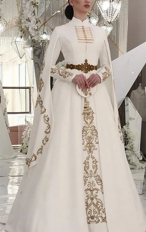 Traditional Caucasus Wedding Dresses with Cape Long Sleeve Gold Embroidery Arabic Kaftan Turkey Muslim high neck Customized