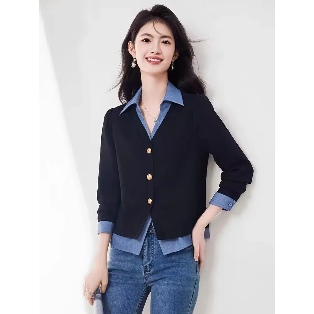 Wiosna Jesień Nowe Koszule Damskie z Wstawkami Casualowe Bluzki z Długim Rękawem Dopasowane Rozpinane na Guziki Bluzki Damskie Udawane Dwuczęściowe Bluzki Damskie