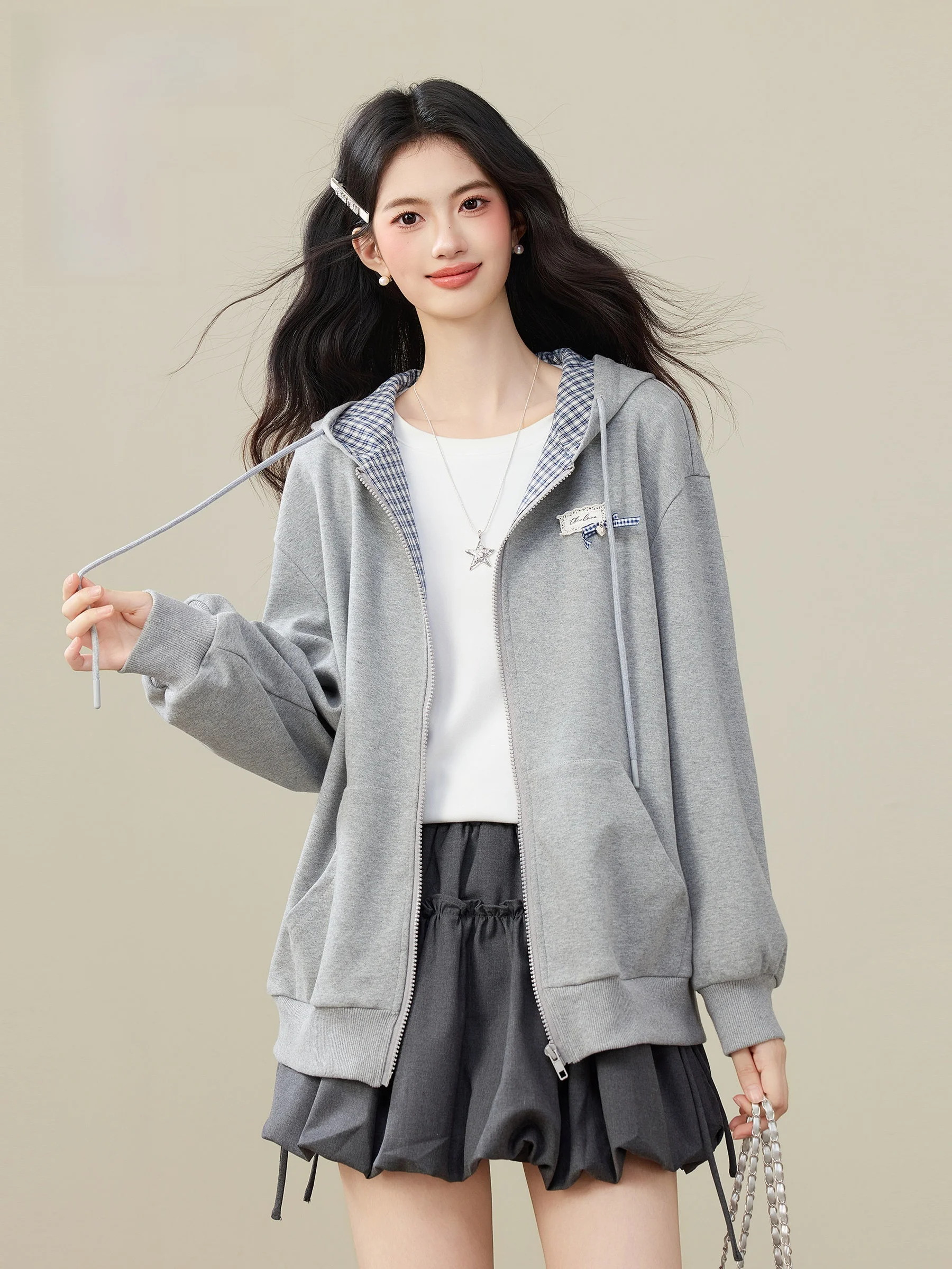 

Свободная женская толстовка-куртка с длинным рукавом из смесового хлопка и полиэстера, осенне-зимняя новинка, маленький размер, топ