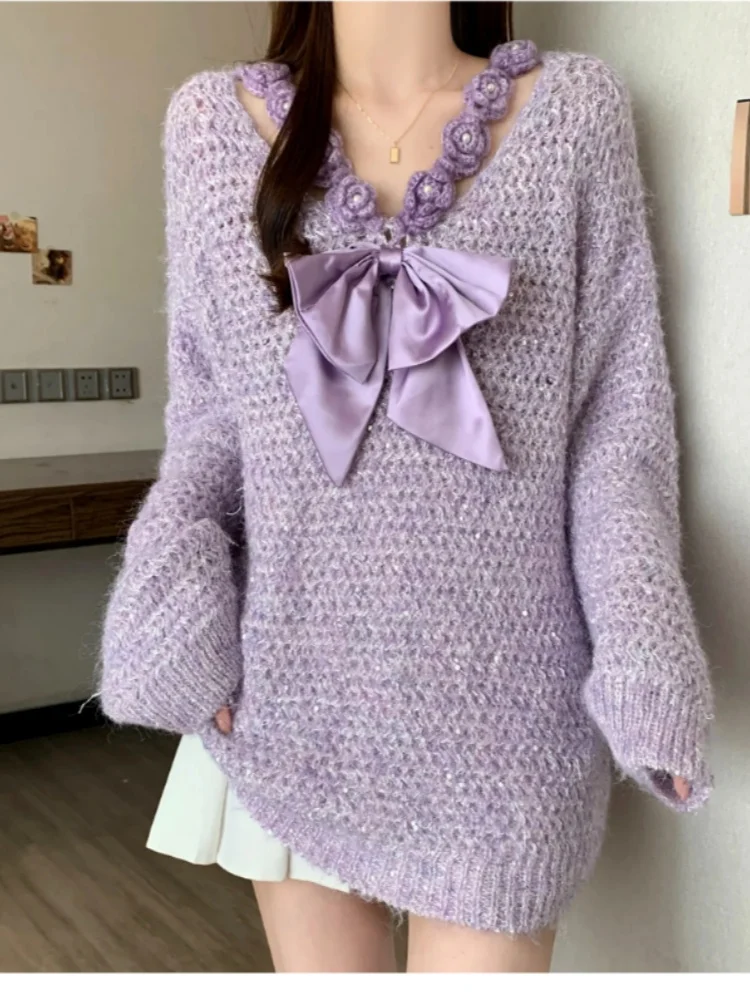 

Super beautiful shiny high-end three-dimensional flower knitted sweater for women new autumn winter loose slimming bow sweater