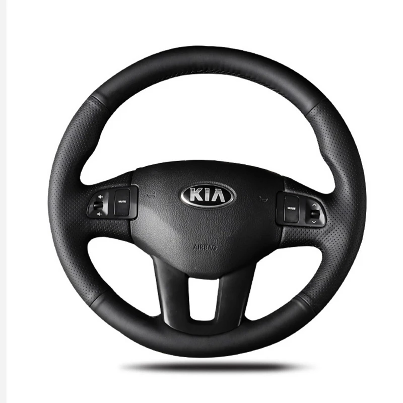 For Kia Sportage 3th 2011-2014 Kia Ceed 2010 DIY Hand-stitched Black Genuine Leather Car Steering Wheel Cover