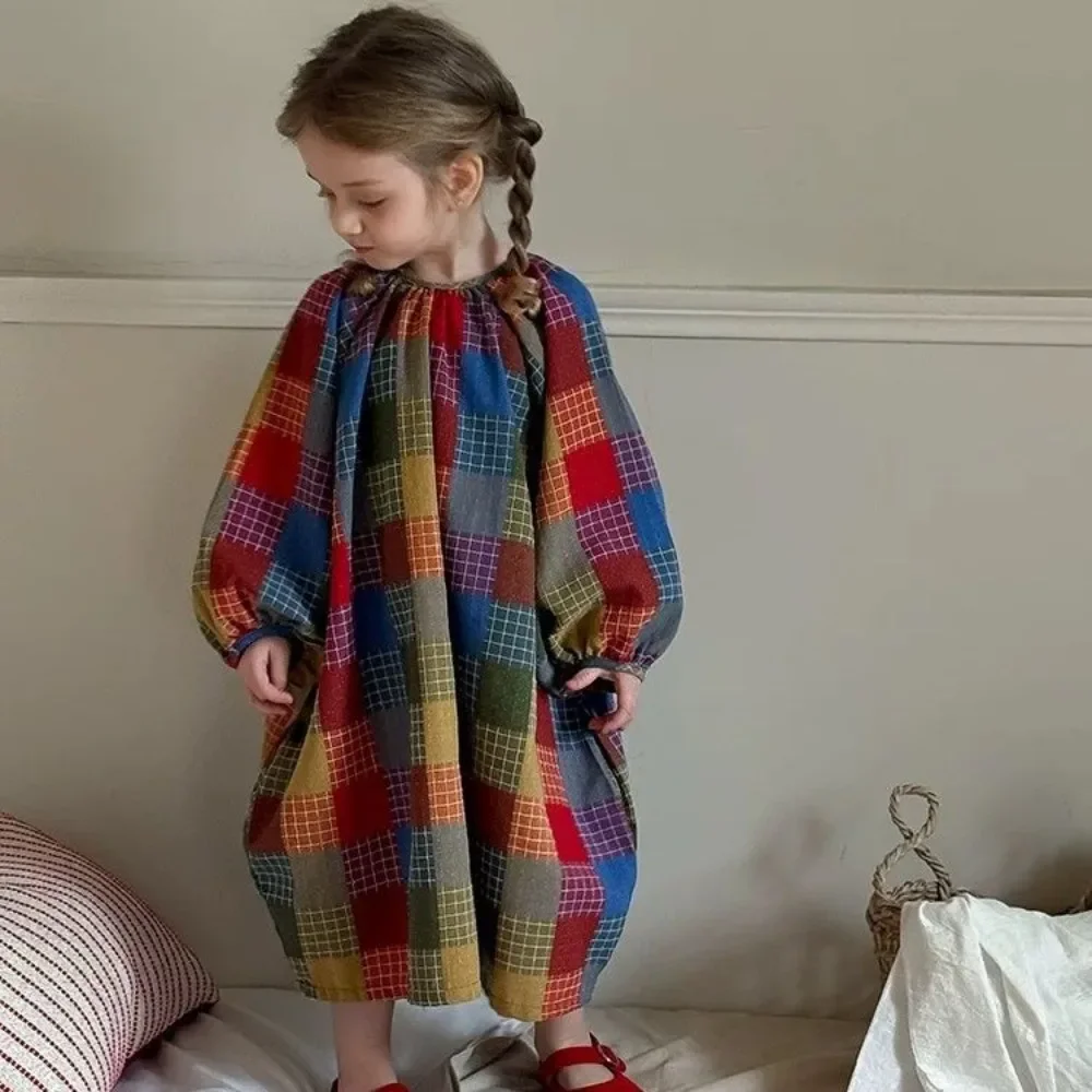 

Spring and Autumn New Long Sleeved Colorful Checkered Girls Dresses Korean Edition Fashion Retro Children's Casual Dress