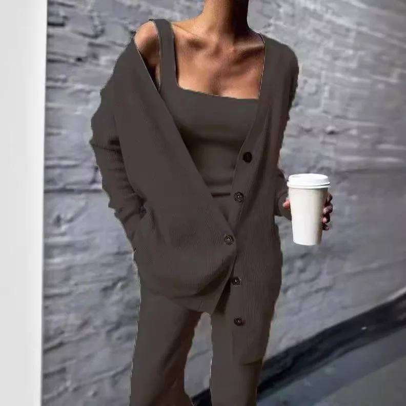 秋冬ニット女性用アウターセットベストパンツティーピーススーツエレスリムフィットコットンティエンエド中国製