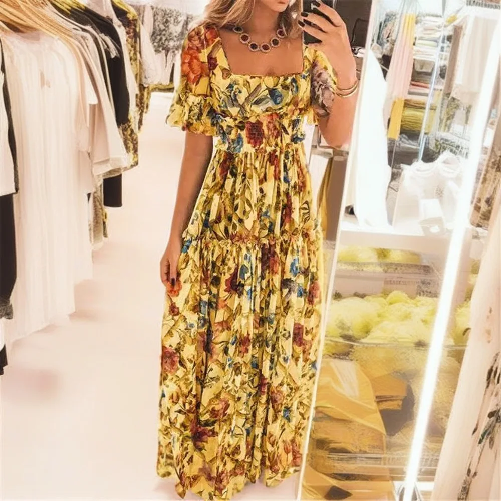 Ropa femenina Vestidos para mujer Vestido de cintura alta Mangas con volantes estampado cuadrado Estilo bohemio Cintura adelgazante Vestidos de hadas florales