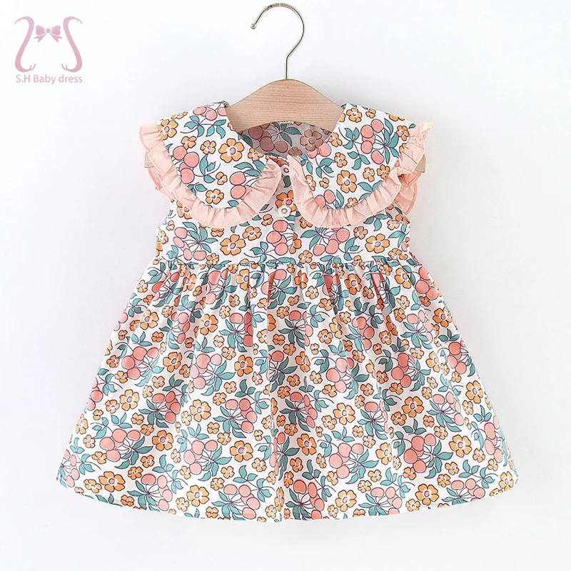 Sweet Toddler Baby Girls Sleeveless Floral Dress Summer Cute Navy Collar Thin Section Children Clothes 0 To 3 Years Kids Costume