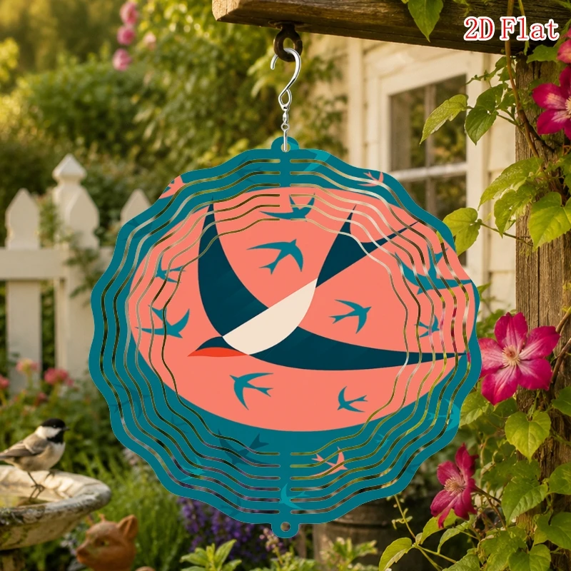 1pc, 360 Rotating Hook Windmill Decoration, Bird Whirling Pattern Metal 3D Rotating Wind Chime with