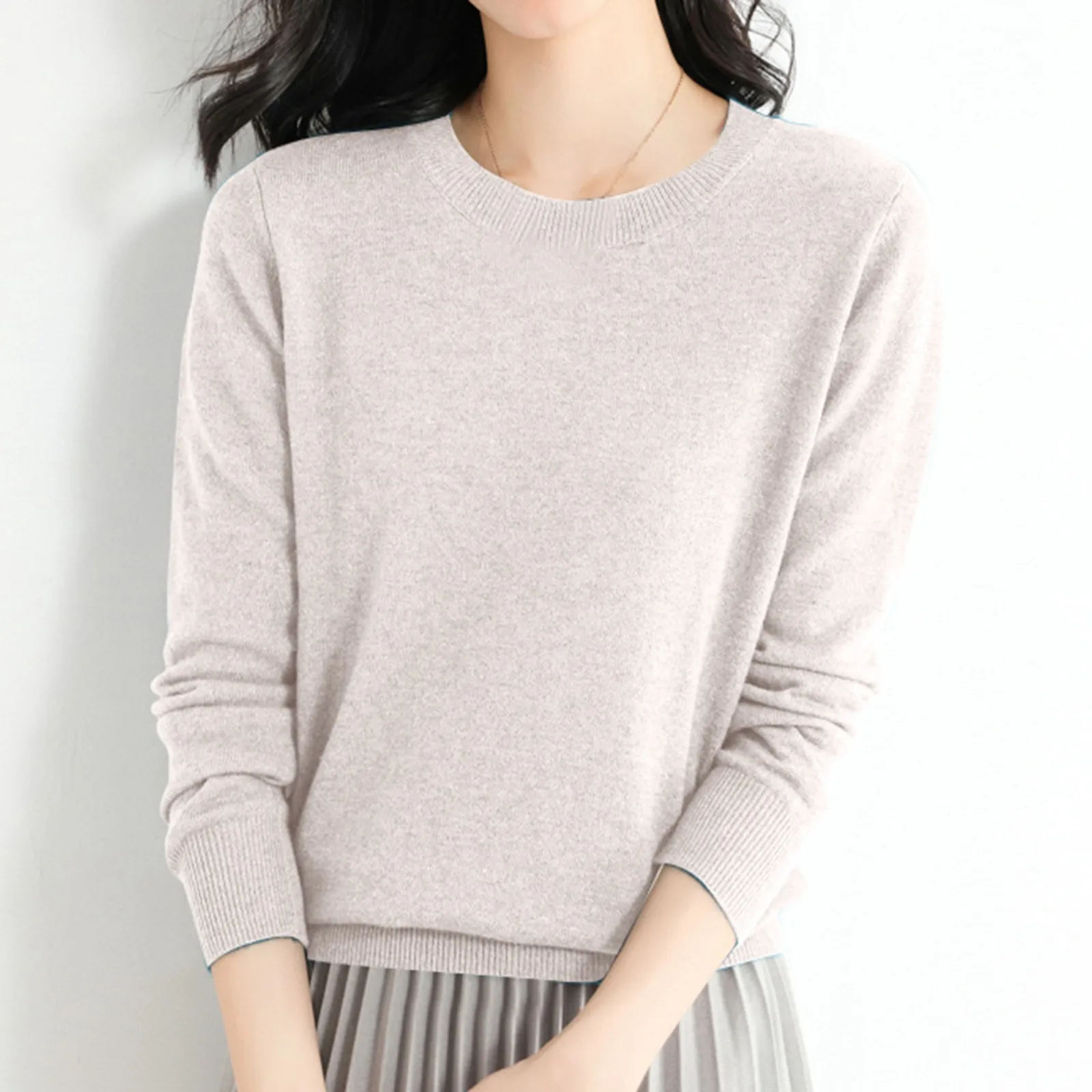 Sweater wanita lengan panjang leher rendah, Sweater wanita, Jumper hangat Slim-Fit, kasual, Sweater dasar longgar, Sweater lengan panjang, leher rendah, warna Solid