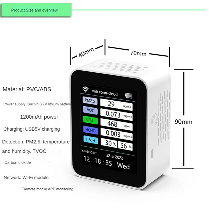 AED7-Tuya Wifi 7 In 1 TVOC HCHO PM2.5 Tester CO2 Sensor Formaldehyde Gas  White