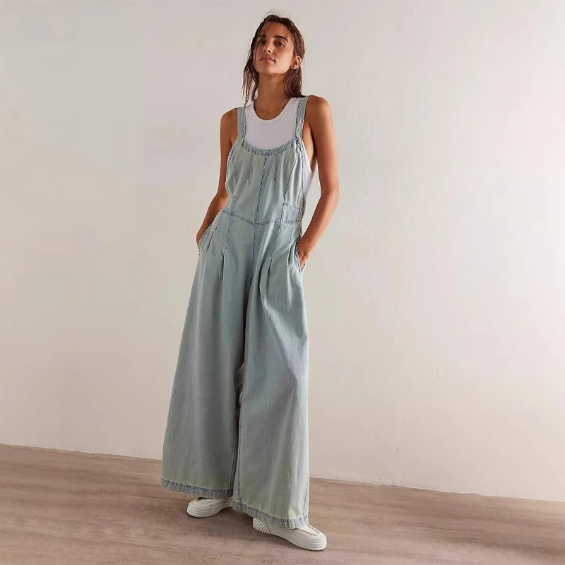 

Джинсовый женский комбинезон в винтажном стиле, широкие брюки с высокой талией, прямые штаны, Y2K, уличный стиль, плиссированные, весна 2026