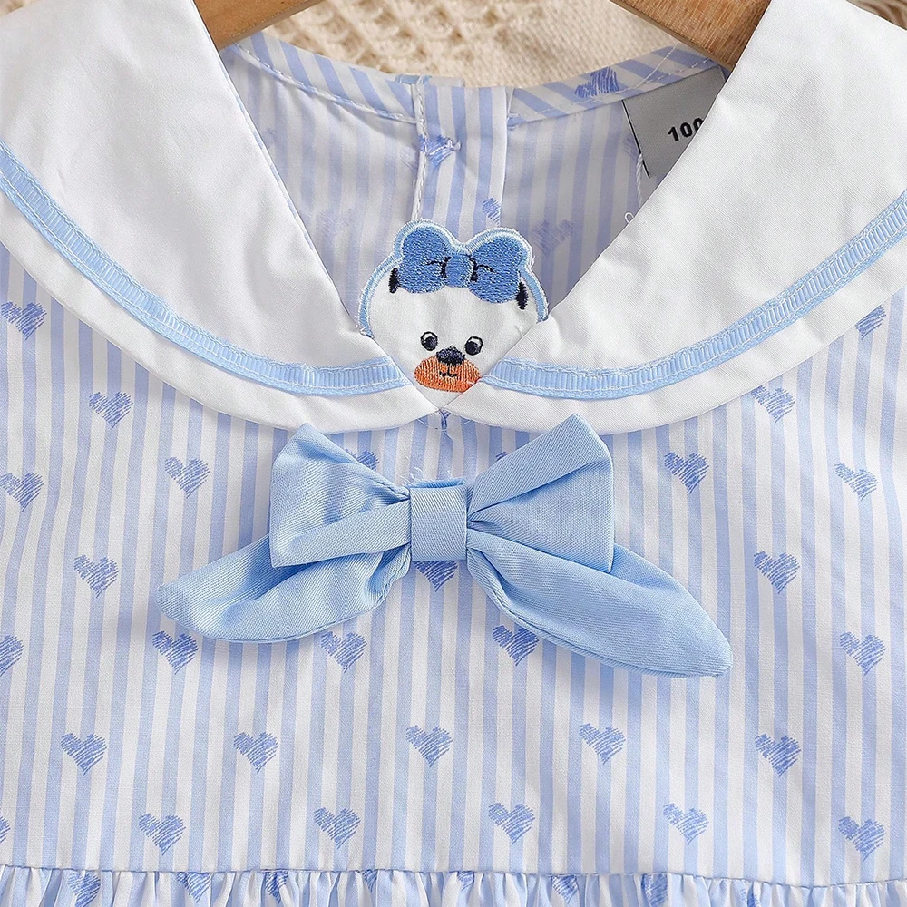 Kleid für kleine Mädchen, 2–6 Jahre, ärmellos, gestreift, mit Herz-Print, 100 % Baumwolle, weißer Kragen, Schleifenakzent, Sommer-Outfits für Kinder – Detail 5