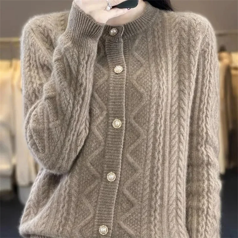 

Korean Women Long Sleeves Knitted Coat 2025 Female Round Neck Sweater Cardigan Spring Autumn Ladies Solid Color Knitting Jacket
