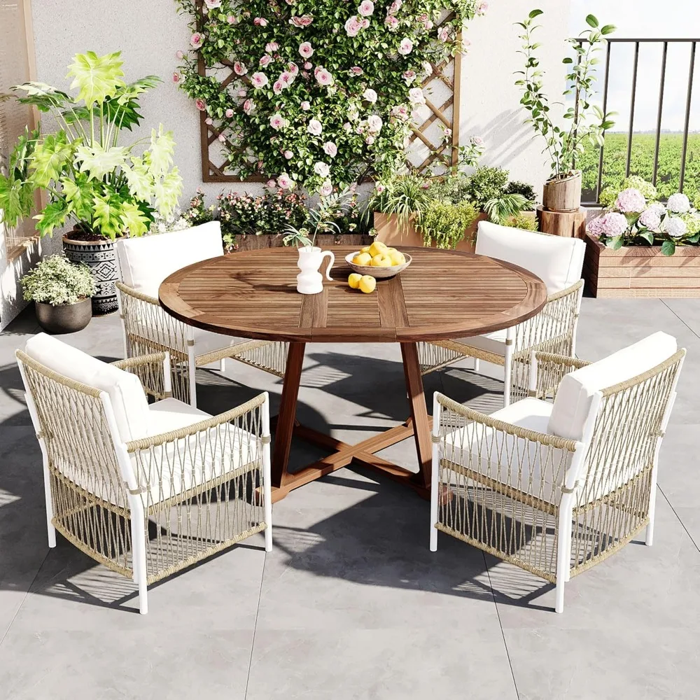 

5 Piece Patio Dining Set, Outdoor Acacia Wood Extendable Round Table with 12 Inch Butterfly Leaf and 4 Rattan Arm Chairs w/Cous