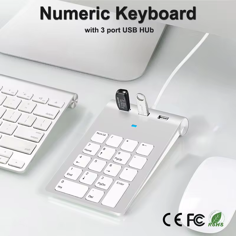 Clavier numérique filaire USB, 18 prédire avec 3 ports USB 2.0, hub, mini clavier pour PC portable, Mac, Windows, numéro d'ordinateur, comptable, cadeau