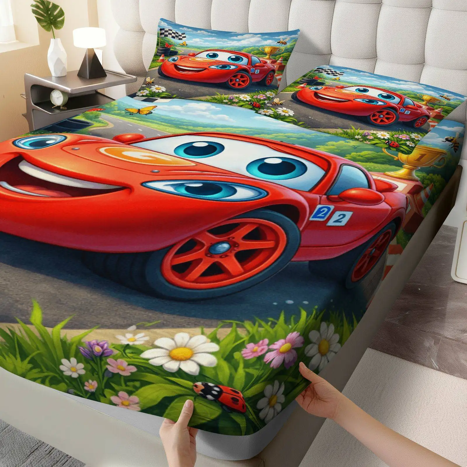 Christmas 2D Digital Print Three-Piece Bedding Set (Includes 1 Fitted Sheet + 2 Pillowcases) Mattress Protector, Fitted Sheet Style, Protective Cover, Mattress Protector, Fitted Sheet Bedding, Christmas Themed Bedding, Racing Adventure Fitted Sheet Set
