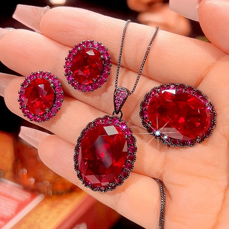 

Jewelry gold-plated red corundum high-grade egg-shaped set for women, 15*20
