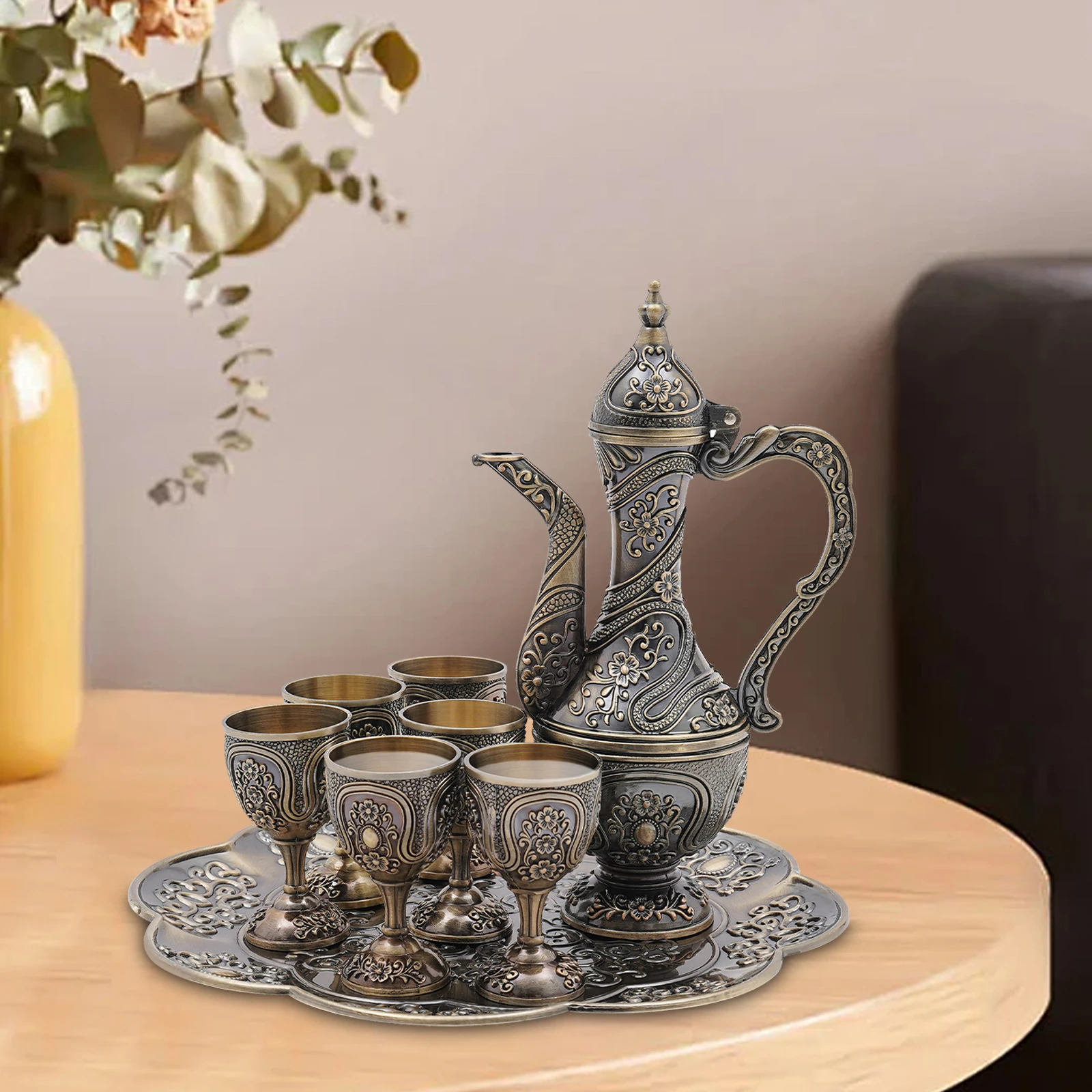 

Vintage Turkish Tea Set, Tea Tray and Cups for Wine Cabinet Decor, Tea Service Set Including Teapot for Gift, Party, Christmas