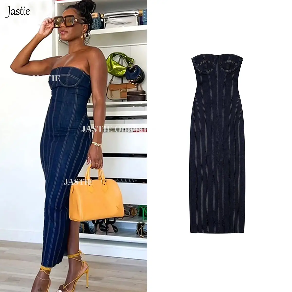 

Jastie Dress Women's 2023 New Denim Autumn Tube Top Tight Dress Street Chic Elastic Elegant Joker Fashion Party Youth Dress