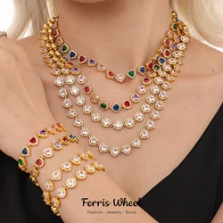 Heart Round Stainless Steel Necklace Bracelet for Women Fashion Tennis Chain Colorful Zircon Gold Plated Waterproof Jewelry Gift