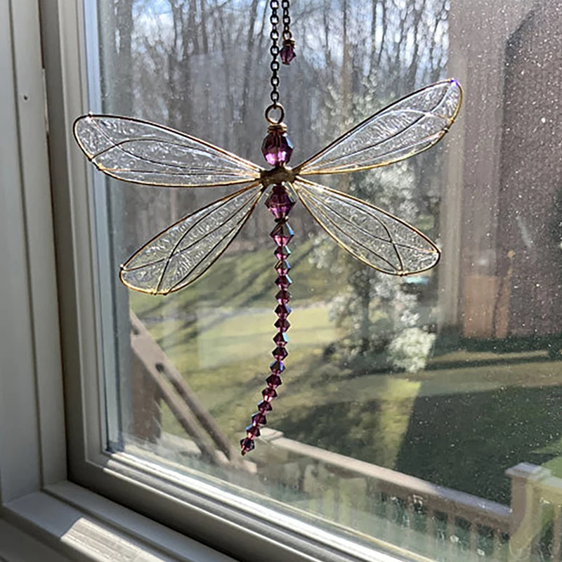 1PC Metal Epoxy Crystal Dragonfly Wing Suncatcher Wind Chime Light Refraction Handmade For Home Garden Window Car Decor Gift