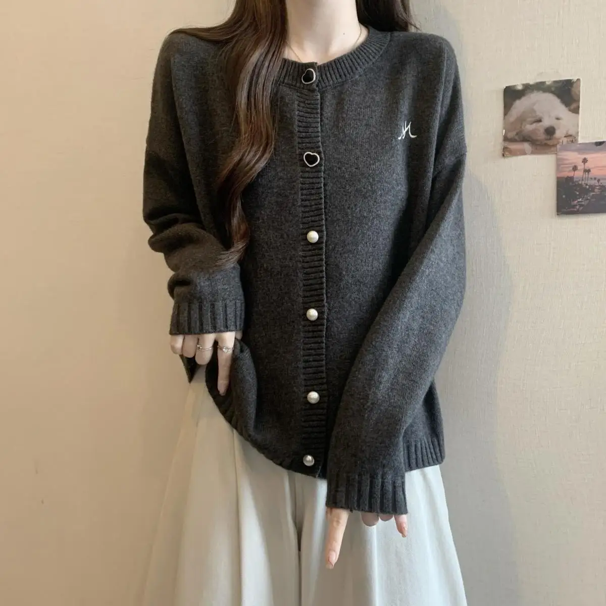 Knitted Cardigan Sweater Jacket Plus Size Women's Clothing New Item Fat Mm Belly Covering French Nail Bead Heart Button Top