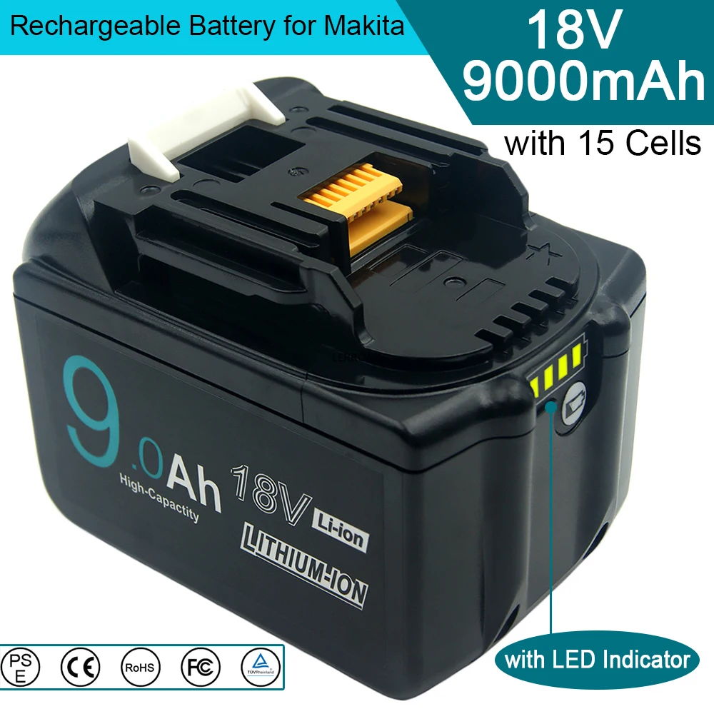 BL1860 BL1890 18V 9000mAh Li-ion Replacement Rechargeable Battery for Makita BL1840 BL1850 BL1830 BL1890 LXT400 with 15 Cells