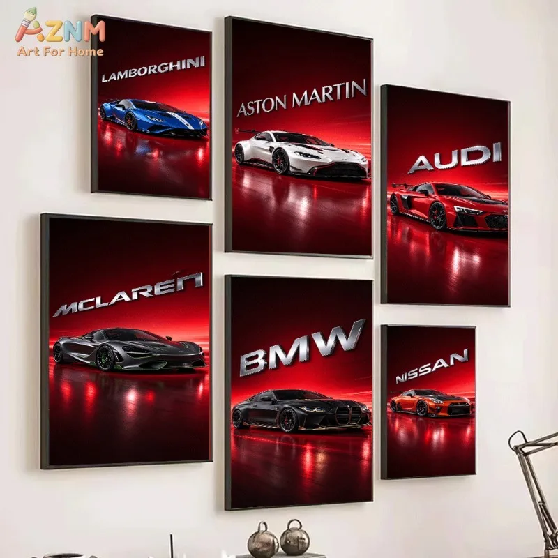 Unframed Supercar Canvas Wall Art Lamborghini Aston Martin Audi McLaren BMW Nissan Porsche Poster Man Cave Decor Gift For Car Lo