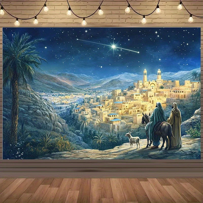 طائرة ثنائية الأبعاد قطعة واحدة معجزة عيد الميلاد: مشهد مرصع بالنجوم لبيثليهيم، يضيء زينة عطلةك! نسيج خلفية البوليستر