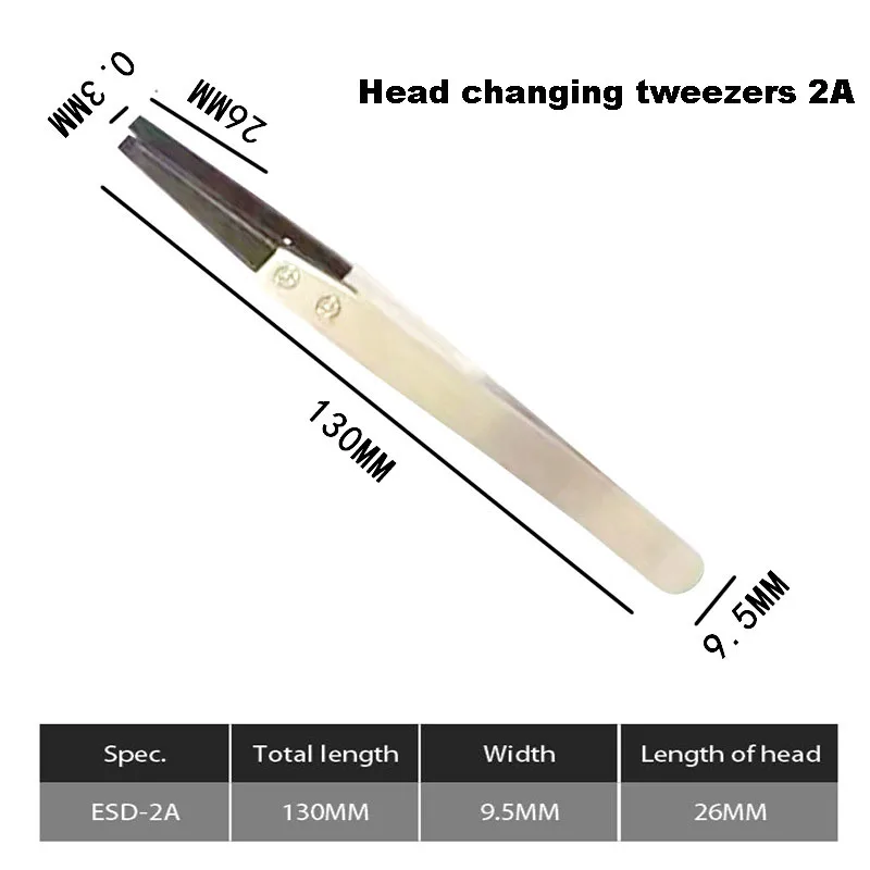 Changeable Stainless Steel Tweezers Pointed Elbow Flat Round Head Flat Wide Plastic Tweezers ESD-00/250/259A/259/249/242/7A/2A